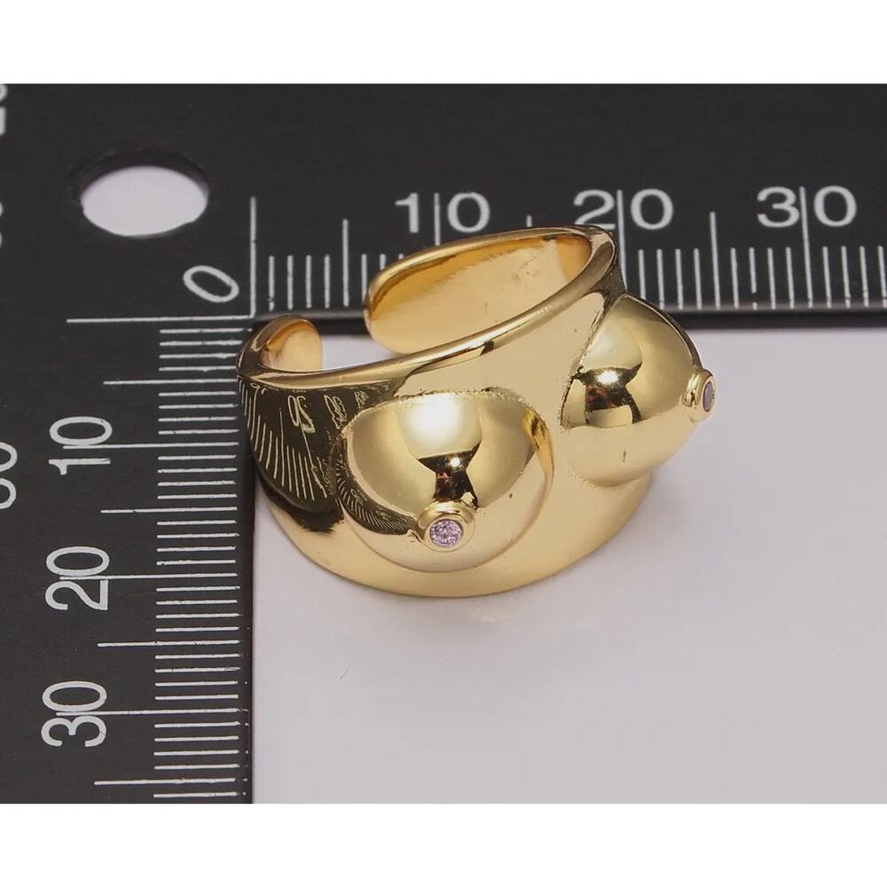 Gold Boobs Ring Novelty Breast Cancer Awareness. Or Breastfeeding Adjustable - Picture 4 of 4